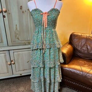 Floral Green Maxi Dress with Orange Accents